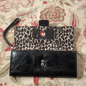 Mundi Black Crackled Leather Animal Print Compartmentalization Clutch Wristlet